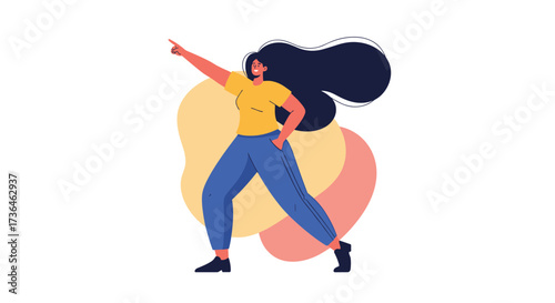 Woman dancing with flowing hair and casual clothing in a dynamic pose.