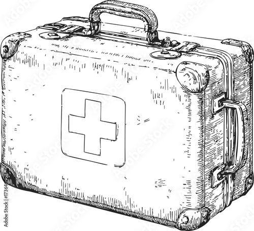 First aid kit sketch, hand drawn medical box with cross symbol — stock vector