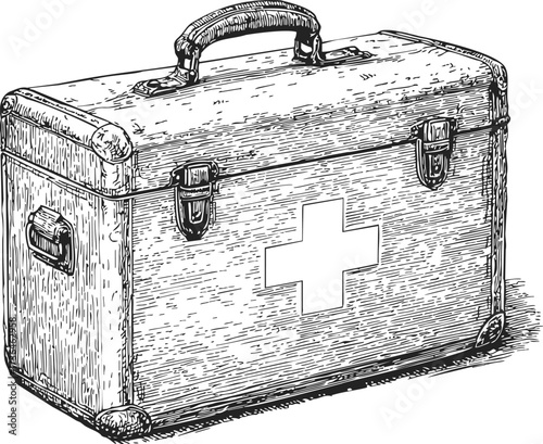 First aid kit sketch, hand drawn medical box with cross symbol — stock vector