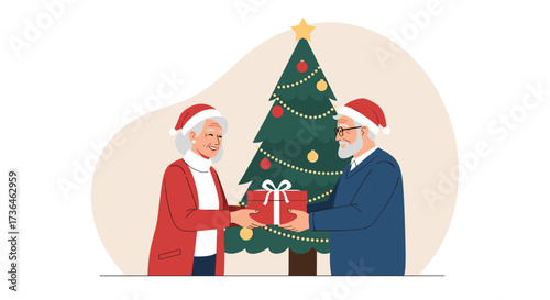 An elderly couple exchanges gifts near a festive Christmas tree. This heartwarming scene depicts the joy of the holiday season.