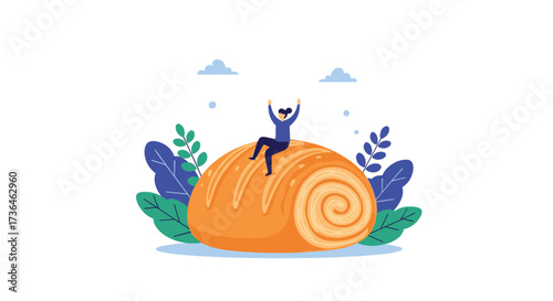 Happy person sitting on a giant cinnamon roll surrounded by plants and clouds.