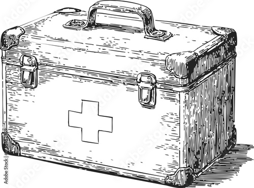 First aid kit sketch hand drawn medical box with cross symbol — stock vector