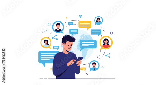 A man using his smartphone connecting with people around the world via online messaging services.