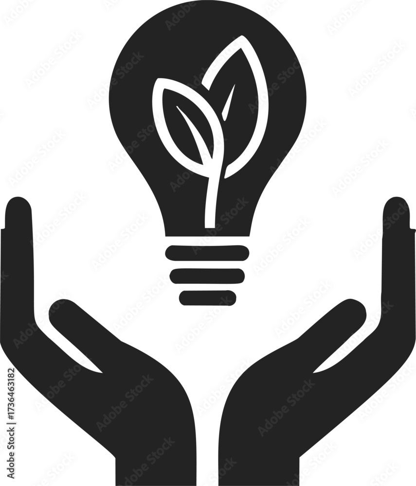 Fototapeta premium Hands holding eco light bulb with leaf sketch, hand drawn style — stock vector
