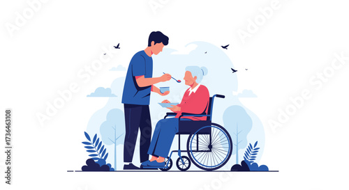 A young man helps feed an elderly woman in a wheelchair outdoors.