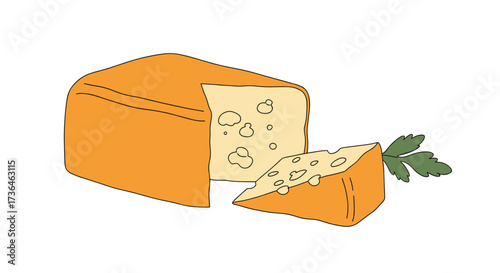 A delicious wedge of yellow cheese with holes and a sprig of green parsley.