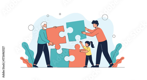 A multi-generational family works together to solve a complex puzzle in this illustration.