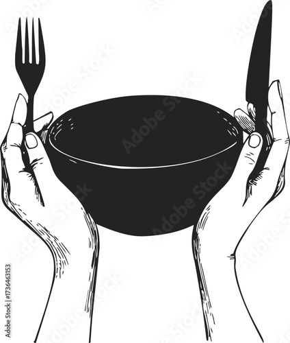 Hands holding bowl with fork and knife sketch hand drawn style — stock vector