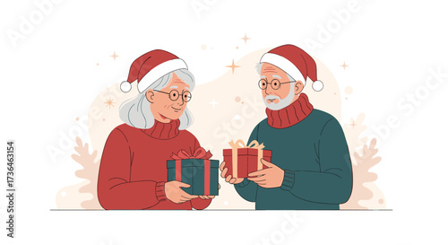 An elderly couple exchanges gifts during the holiday season wearing festive attire.