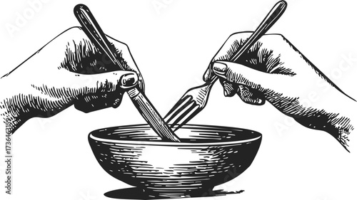 Hands holding fork and knife sketch, eating from bowl — stock vector