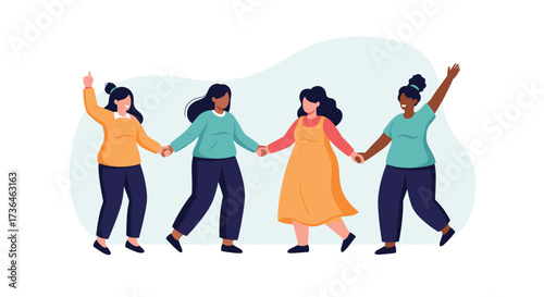 Diverse women holding hands celebrating unity and sisterhood together.