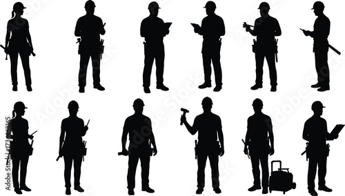 Construction worker silhouette, black vector art, tradesperson with tools, hard hat, manual labor, toolbox, job site, safety gear