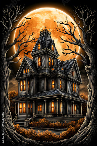 Haunted Victorian mansion at night with glowing windows, spooky full moon, dark bare trees, bats flying in eerie sky, gothic horror Halloween haunted house vector illustration