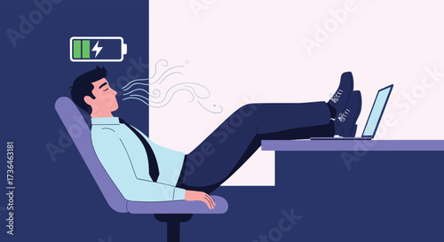 Overworked employee completely drained sleeping at their desk while battery symbol shows low power.