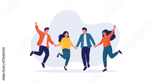 A diverse group of young people holding hands and jumping joyfully in the air.