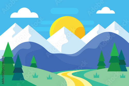 Cartoon Landscape with Mountains, Trees, Clouds, a Winding Path, and a Bright Yellow Sun