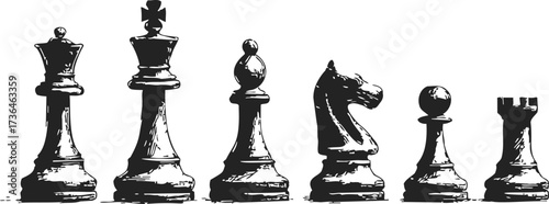 Chess pieces sketch hand drawn set with king queen bishop knight pawn rook — stock vector