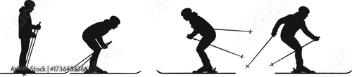 Cross-country skiing silhouette, skier motion sequence, winter sport vector, ski technique illustration, athletic movement, training graphic, snow activity, vector art