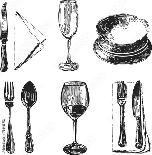 Tableware sketch hand drawn cutlery plates glasses napkin arrangements — stock vector