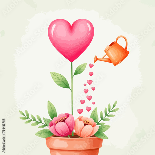 Vector art of a charming watercolor illustration showcasing a heartshaped flower being watered with love, symbolizing growth, affection, and nurturing relationships