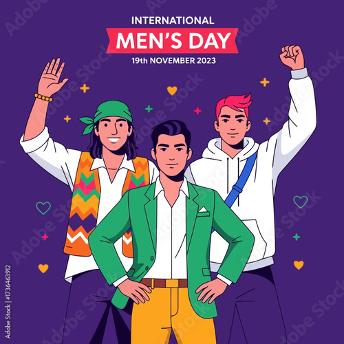 Vector art of celebrating international mens day with a vibrant illustration of diverse men, symbolizing unity, strength, and the importance of male wellbeing