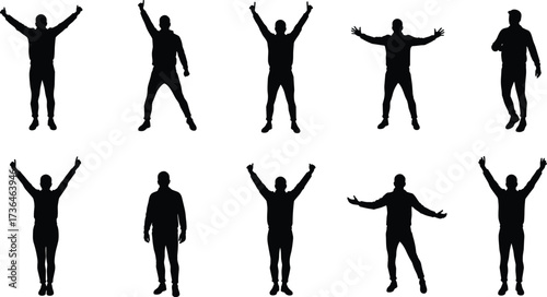 Dynamic male silhouette, black vector art, raised arms, casual clothing, expressive body language, celebration pose, motion study, gesture illustration
