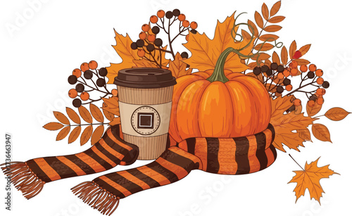 Cozy autumn scene with pumpkin coffee scarf and fall leaves on white background