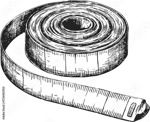 Tape measure sketch, hand drawn style, rolled flexible measuring tape detail — stock vector