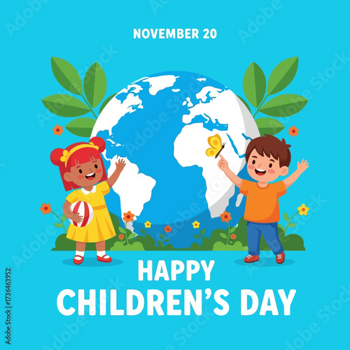 Vector art of celebrating world childrens day with a vibrant globe, joyful kids, and colorful nature, symbolizing global unity and the happiness of childhood