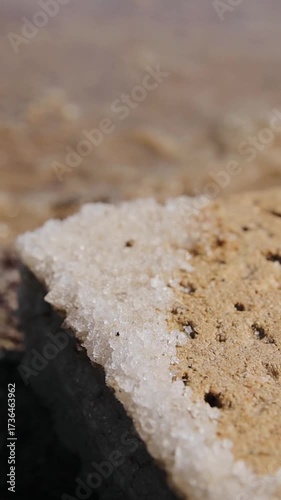 Dead Sea coastline with salt minerals in it. Naturally formed salt on stone. Vertical video