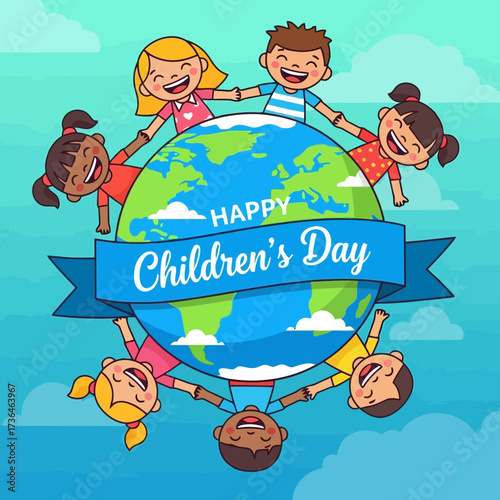 Vector art of happy childrens day celebration with diverse kids holding hands around the world, symbolizing global unity and joy on a bright, cheerful day