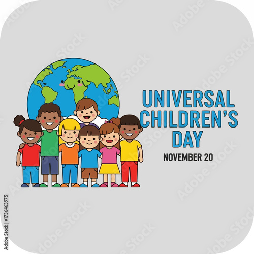 Vector art of celebrating universal childrens day on november 20th a group of diverse children stand together in front of a globe, symbolizing unity and global awareness