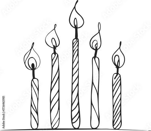 Candles sketch hand drawn five striped birthday candles with flames — stock vector