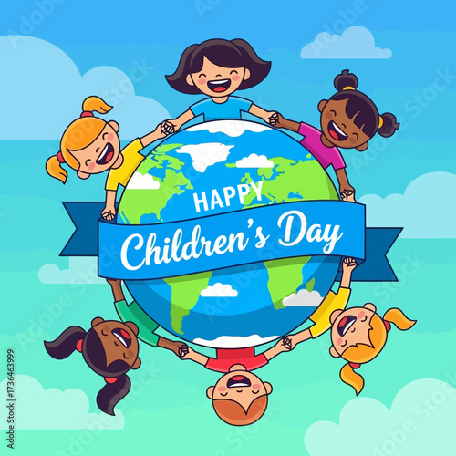 Vector art of celebrating happy childrens day with diverse kids holding hands around the world, symbolizing unity, love, and global harmony on a bright, cheerful day
