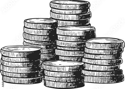Stacked coins sketch, hand drawn line art, detailed money pile illustration — stock vector