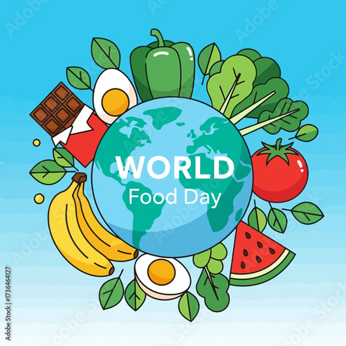 Vector art of world food day illustration with earth globe and healthy food, perfect for promoting nutrition and sustainable eating habits on light blue