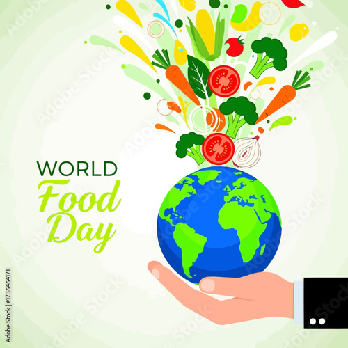 Vector art of world food day illustration featuring vegetables and fruits erupting from a globe held in a hand, symbolizing global food awareness