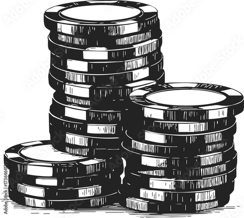 Poker chips sketch hand drawn stacks isolated on white background — stock vector