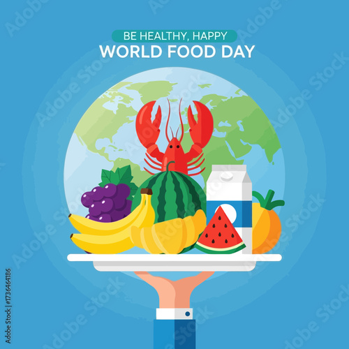 Vector art of a colorful world food day illustration featuring a lobster, fruits, and milk on a tray, promoting healthy eating and global awareness