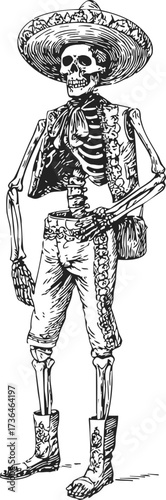 Skeleton mariachi sketch hand drawn in traditional Mexican costume — stock vector