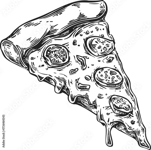 Pizza slice sketch hand drawn with melting cheese and toppings — stock vector
