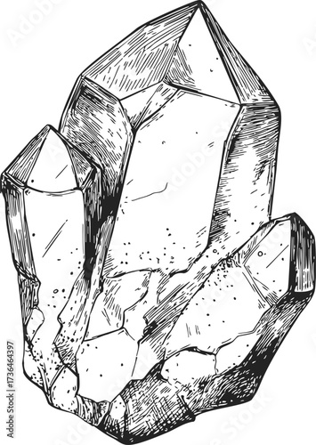 Quartz crystal sketch, hand drawn mineral cluster with detailed facets and shading — stock vector