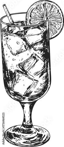 Cocktail glass sketch with ice cubes, straw, and lemon slice garnish — stock vector