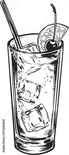 Cocktail glass sketch hand drawn with ice cubes, straw, lemon slice, and cherry garnish — stock vector