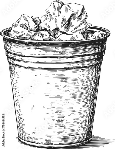 Metal bucket sketch hand drawn with crumpled paper inside — stock vector