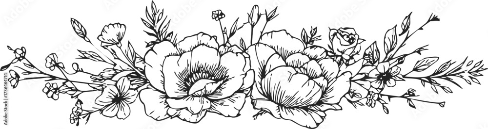 Fototapeta premium Floral bouquet sketch, hand drawn line art with blooming flowers and leaves — stock vector