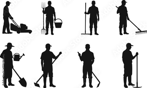 Gardening silhouette sequence, people using tools, outdoor maintenance vector, landscaping activity illustration, home chore graphic, garden work, seasonal task, vector art