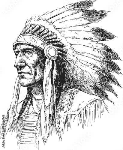 Native American chief sketch, hand drawn portrait with feathered headdress — stock vector