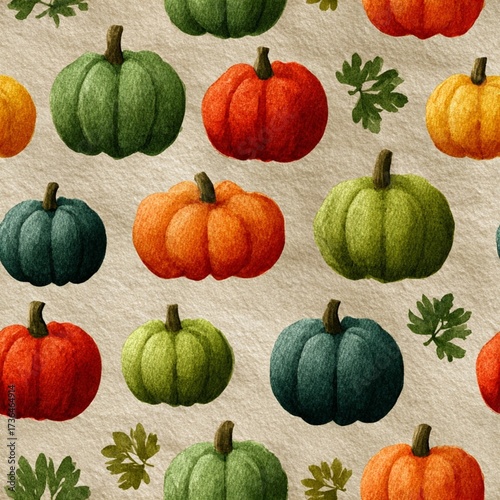 Fall seamless pattern with orange and green pumpkins and leaves. Autumn watercolor gourds background. Botanical print, paper. Theme of Harvest, Halloween