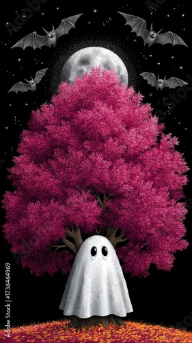Whimsical Ghost Peeking From Behind Vibrant Pink Tree Under Moonlit Sky With Playful Bats